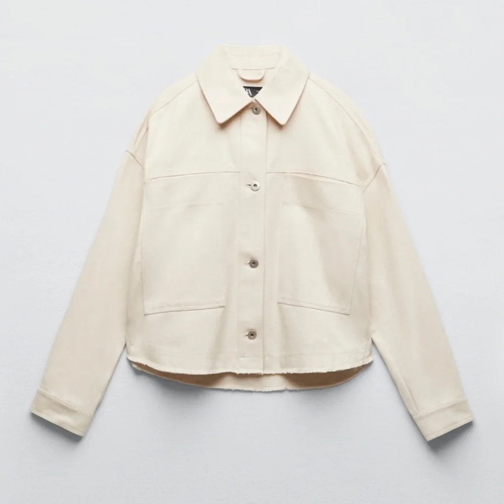 ZARA • Cream Cropped Frayed Hem Denim Jacket, XS - Picture 6 of 16